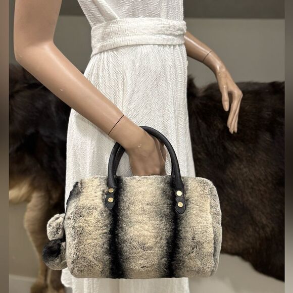 2 Tone Gradient Real Rex Rabbit Fur Boston Bag/Crossbody & 2 Fur Balls Charm - Picture 3 of 16